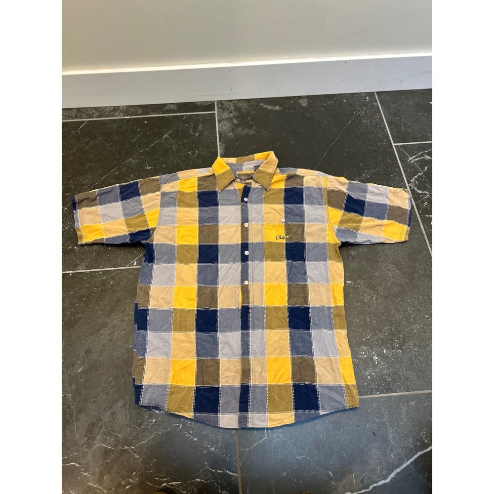 Enjoi Mens Plaid Short Sleeve Button Down Shirt Yellow Navy Blue Cotton Size M